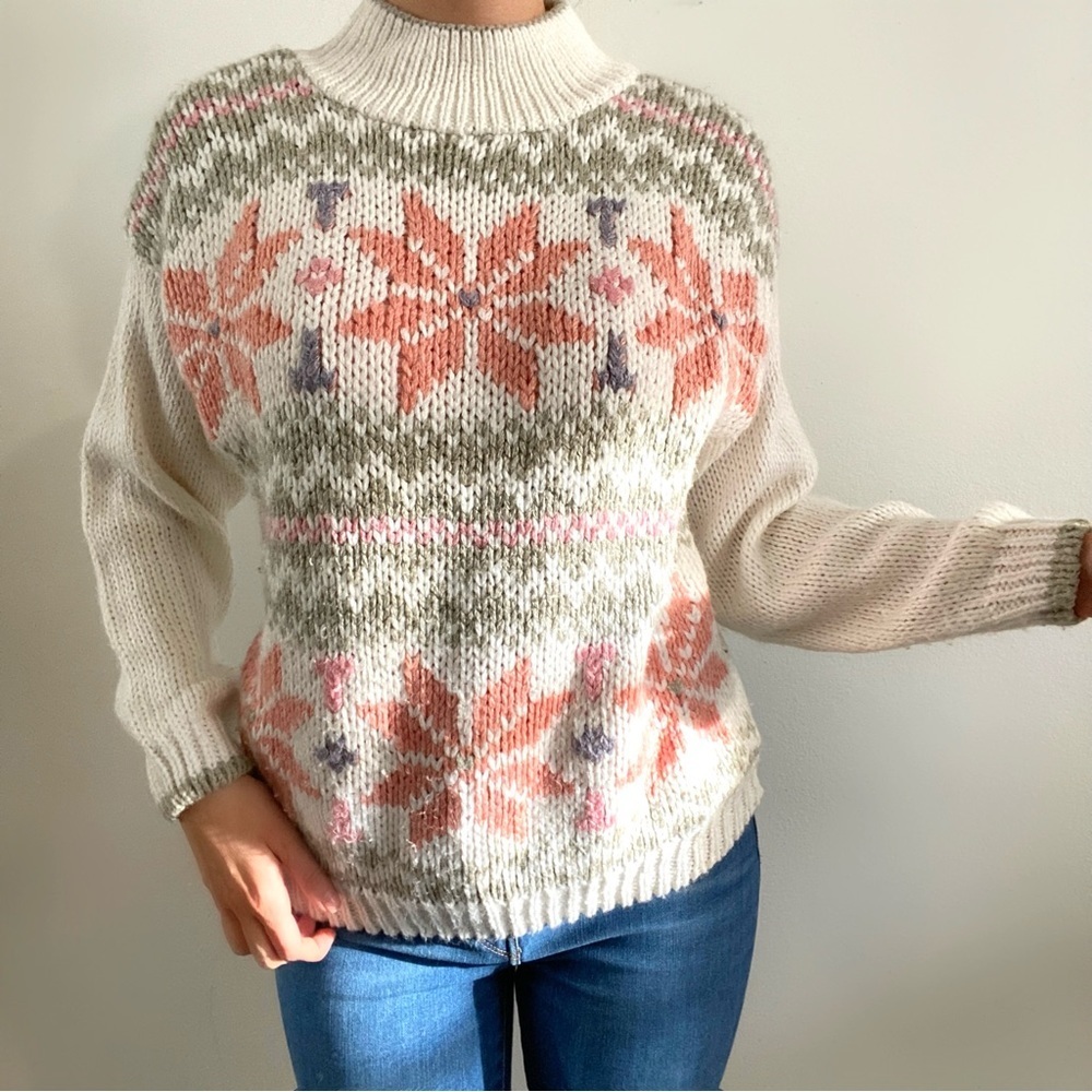 Vintage 80s currants hand loomed knit sweater high neck Nordic print medium